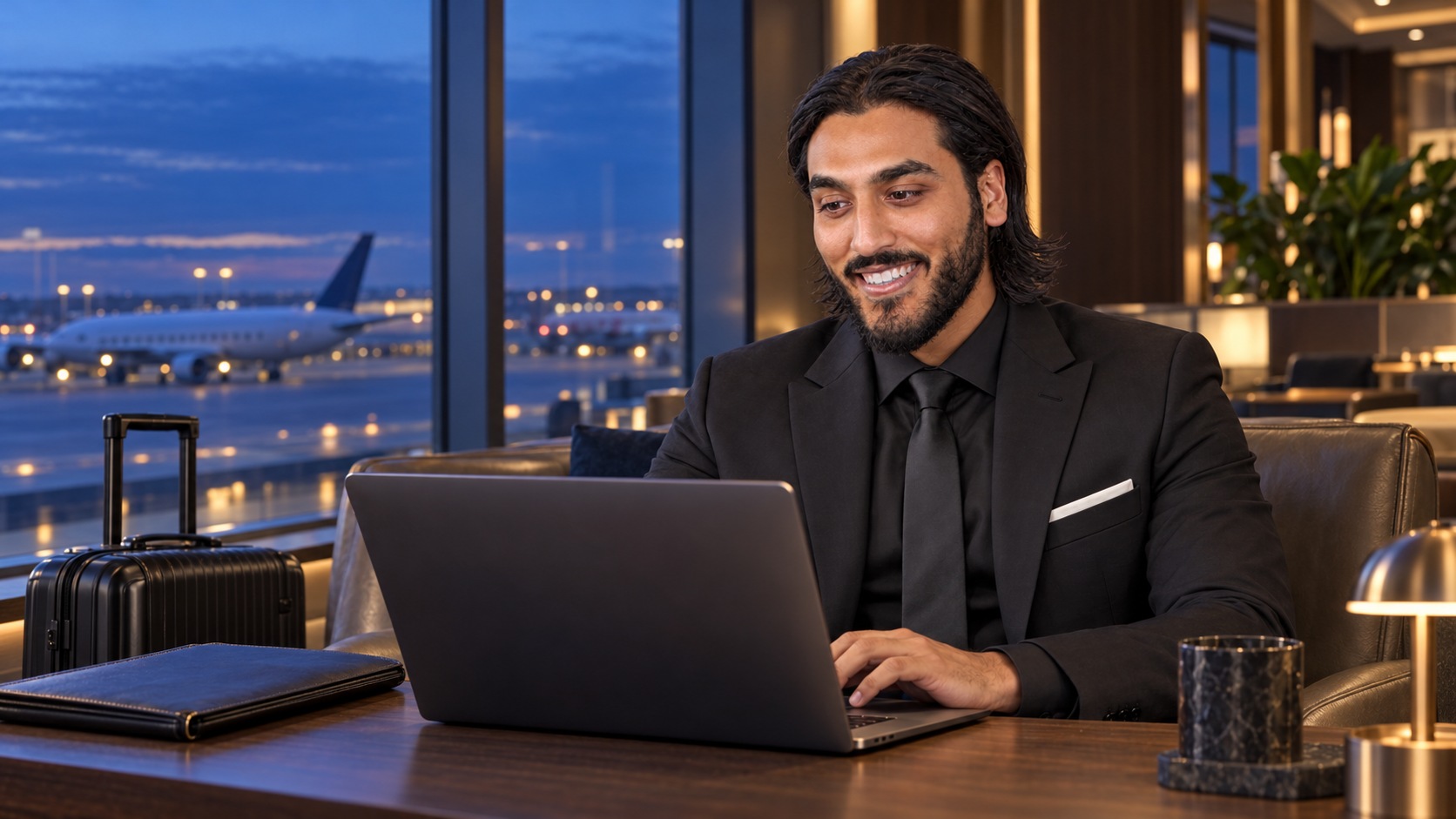 Zechariah working at a laptop in a travel lounge